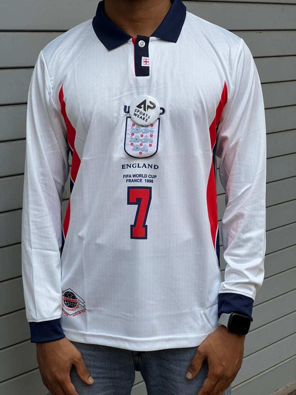 David Beckham England International Kit 1998 World Cup Home Kit, Premium Embroidery Coller & Full Sleeve