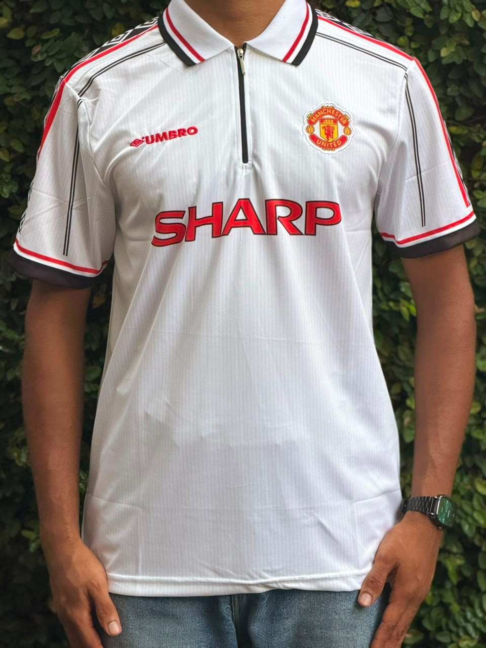 David Beckham Manchester United 1998-99 Away Third Kit, Premium Embroidery Collar & Zip Half Sleeve